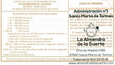 Reverso del d&eacute;cimo 47719 con el sello de la Administraci&oacute;n n&ordm; 1 &laquo;La Almendra de la Suerte&raquo;, en Santa Marta de Tormes